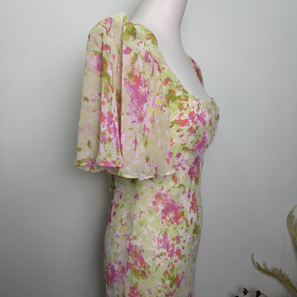 ASTR Tie Back Flutter Sleeve Open Back Cut Out Maxi Dress in Lime Pink Floral L - Picture 4 of 9